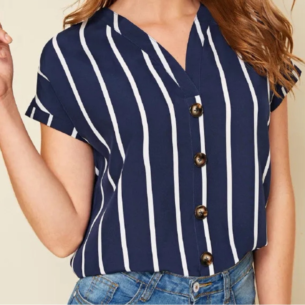 SHEIN Navy Blue Striped Button Up Top